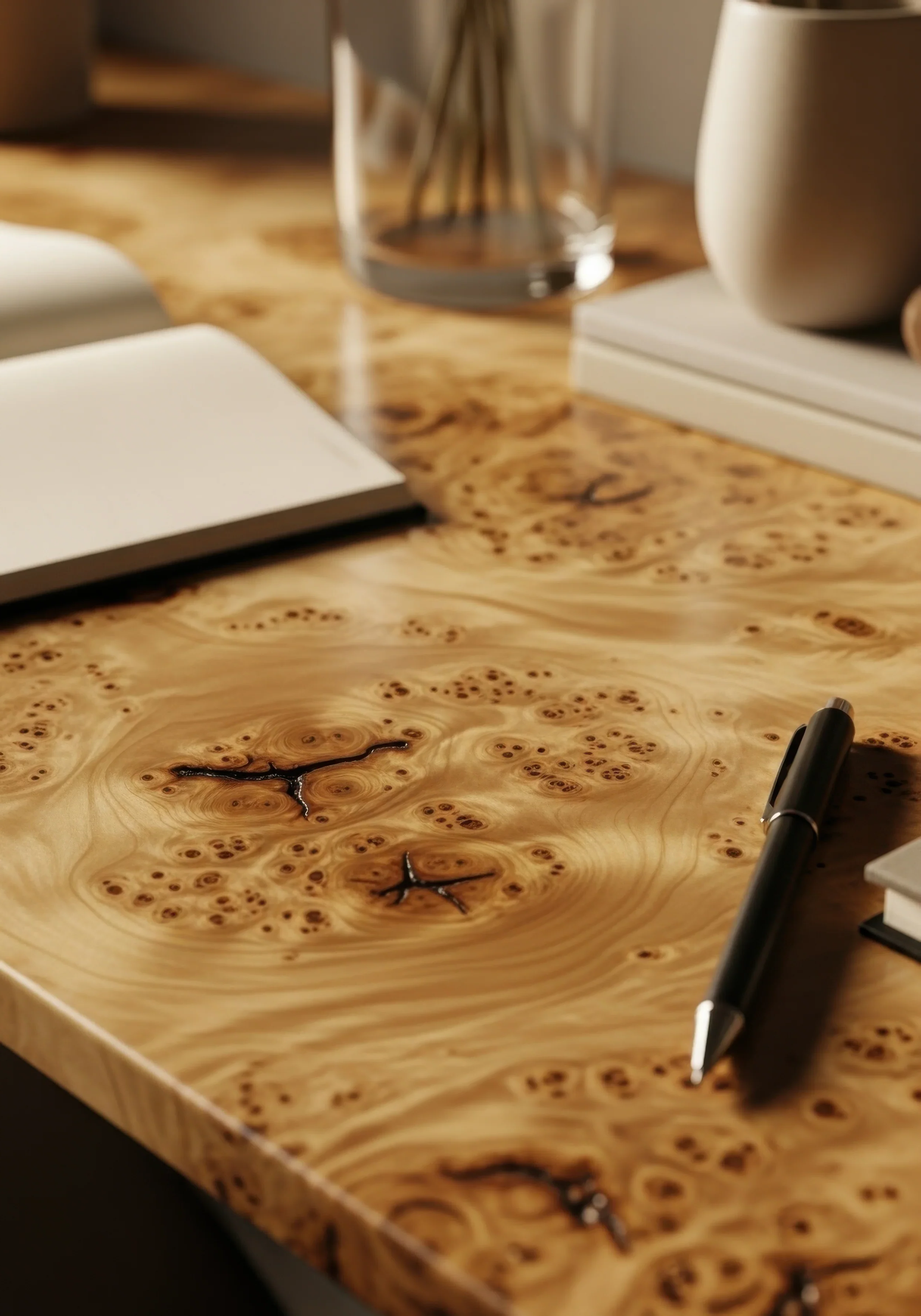 Close-up of a polished wooden desk with a black pen resting on it, surrounded by notebooks, a glass jar with brushes, and stacked books.