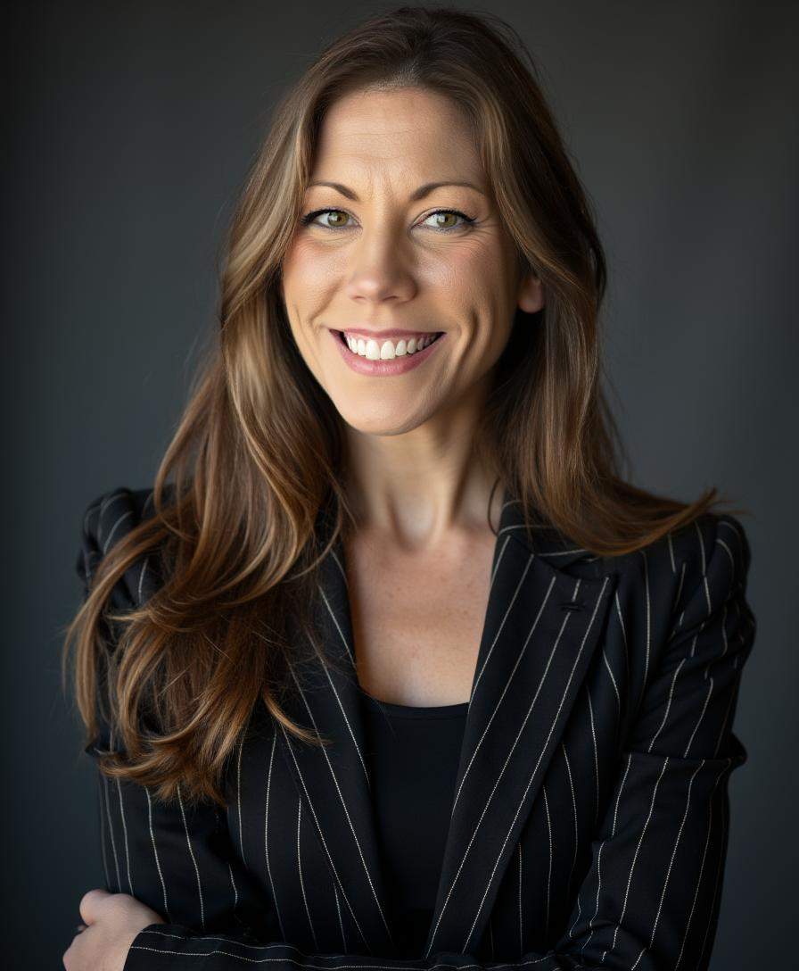 Portrait of a smiling woman with long brown hair wearing a black pinstripe blazer against a dark background.
