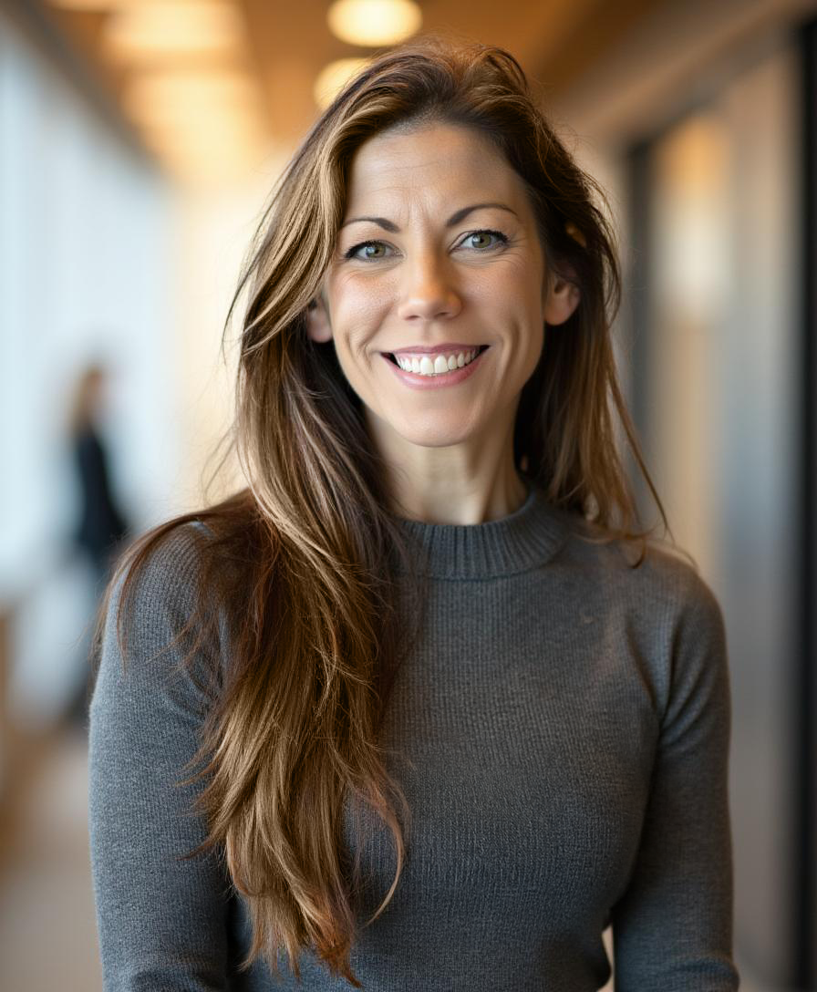 Founder, Stephanie Offutt, smiling with long, wavy brown hair wearing a gray sweater, standing in a well-lit indoor setting.