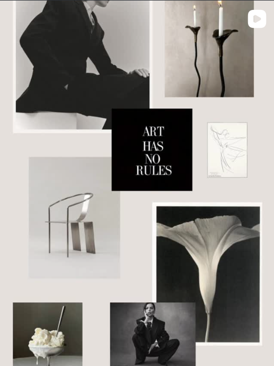 Collage of black and white art and photographs including a woman in a suit, a quote saying 'Art Has No Rules,' two candles in candle holders, a sketch of a face, a sculpture of a chair, a large flower, a woman sipping from a straw, and another woman in a suit.