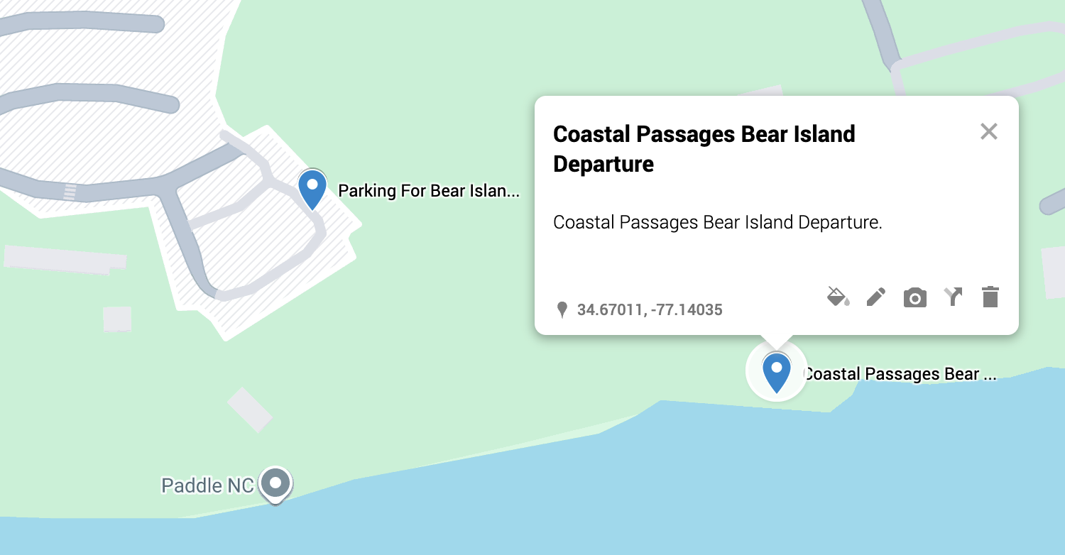 Map showing parking area labeled 'Parking For Bear Island' and a marker indicating 'Coastal Passages Bear Island Departure' with coordinates 34.67011, -77.14035.