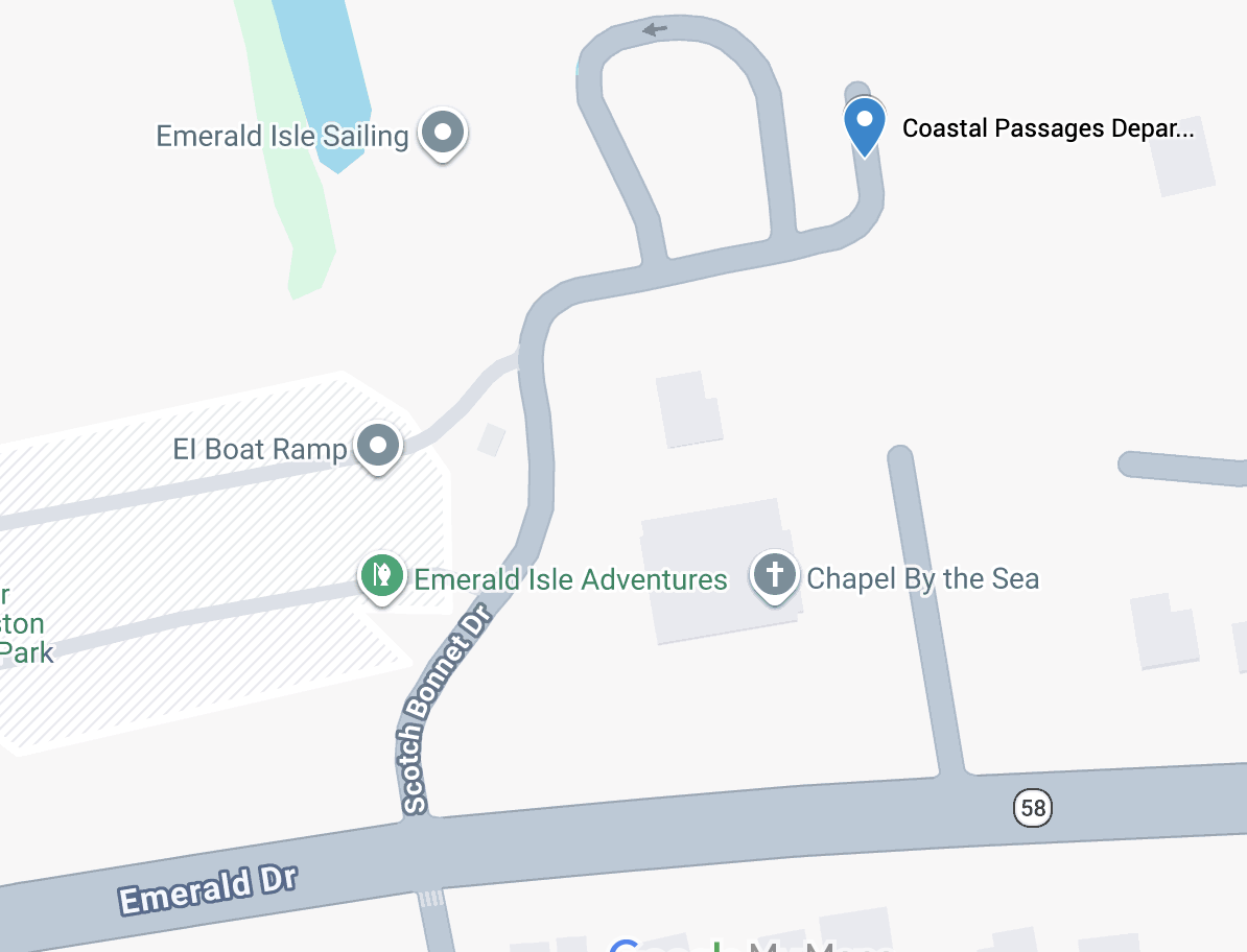 Map showing Emerald Isle Adventures, Emerald Isle Sailing, El Boat Ramp, Chapel By the Sea, and Coastal Passages Departures near Emerald Drive and Scotch Bonnet Drive.