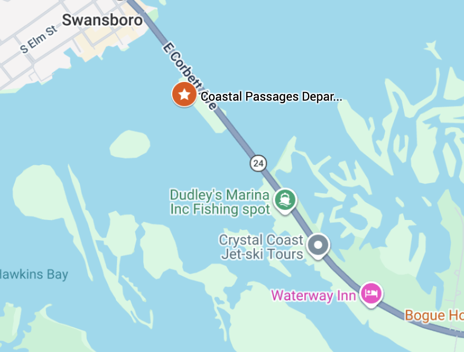 Map showing a section of highway near waterways, with icons indicating businesses like Coastal Passages Departure, Dudley's Marina Ice Fishing Spot, Crystal Coast Jet-ski Tours, Waterway Inn, and Bogue H.