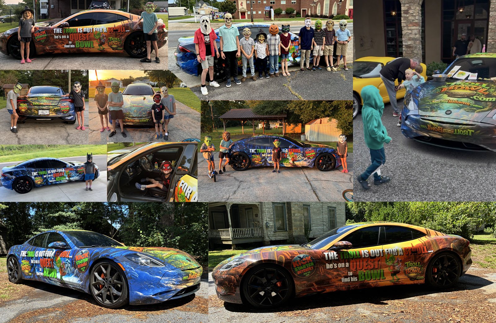 Children in Halloween costumes pose with the Trollmobile, a colorful Karma GS-6 wrapped in Troll in the Bowl artwork, during community events.