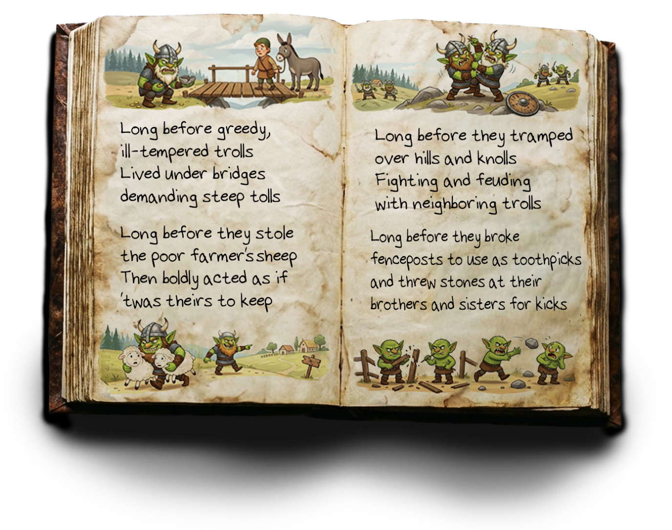 Storybook page from Troll in the Bowl explaining how a young troll begins a quest to find his sacred bowl and learn kindness, sharing, and responsibility.