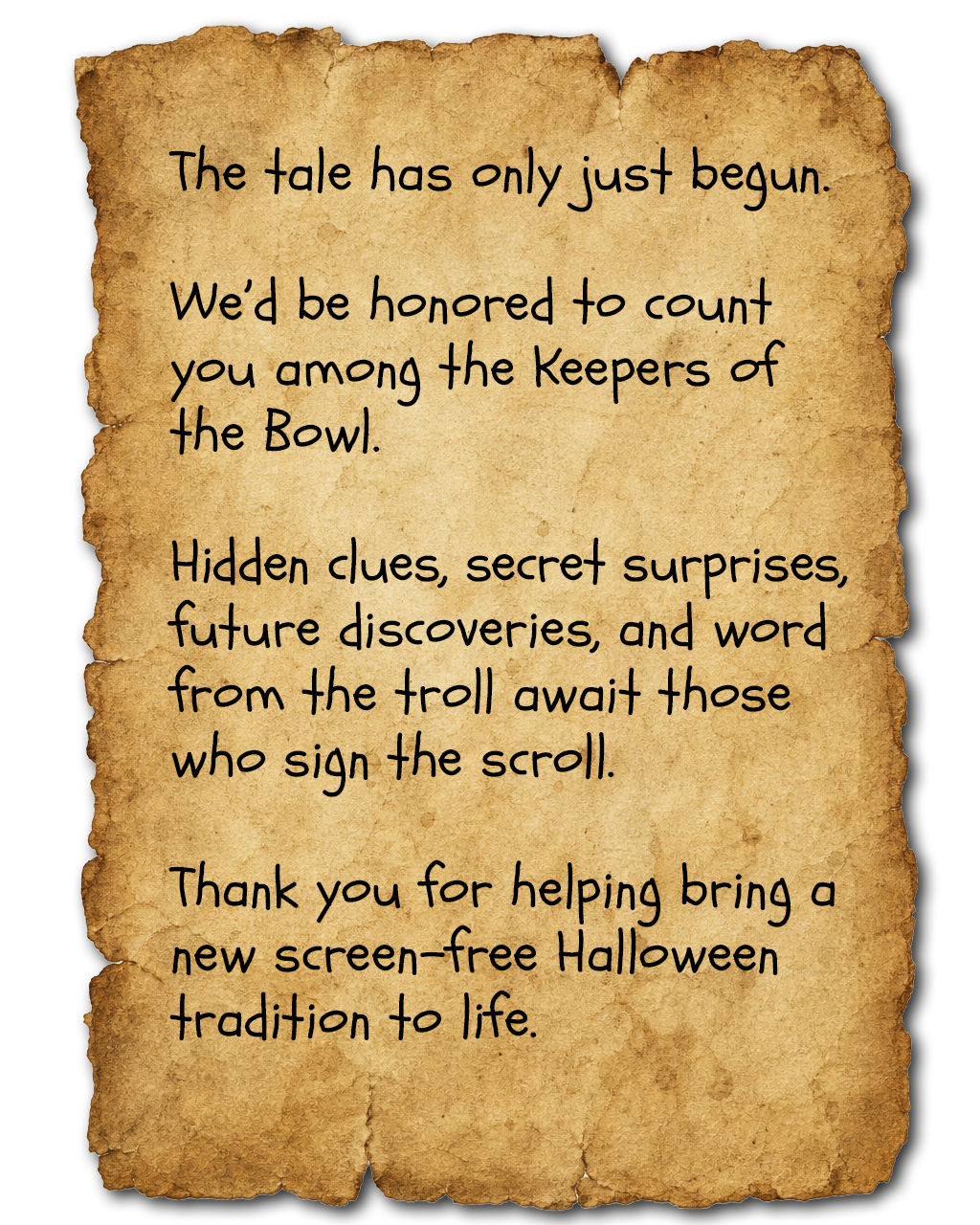 Ancient parchment describing screen-free Halloween traditions, imagination-based play, and community-centered celebrations inspired by Troll in the Bowl.