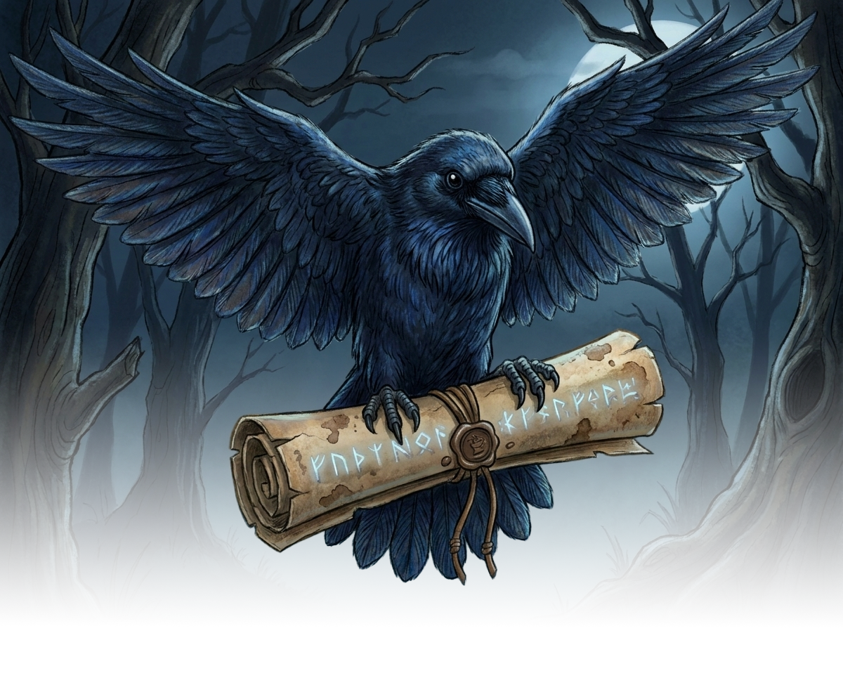 Mystical raven delivering an ancient scroll from Trollhättan, Sweden, carrying clues and messages from the world of Troll in the Bowl.