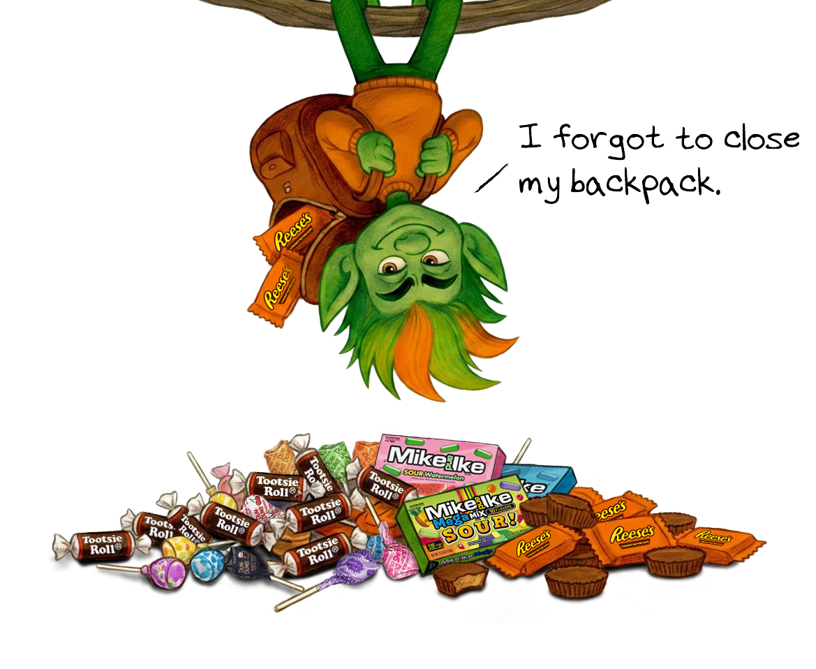 Mischievous young troll dangling upside down above spilled Halloween candy after forgetting to close his backpack during his quest to reclaim his bowl.