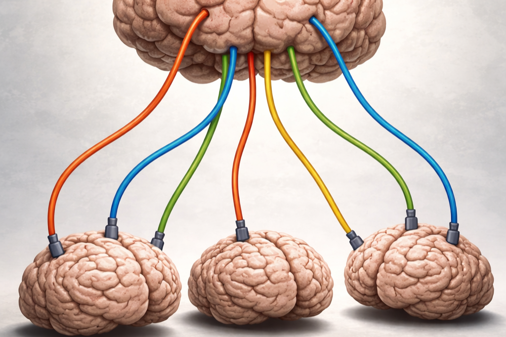 Illustration of a brain with six colorful cables connected to various parts, symbolizing neural connections or communication.