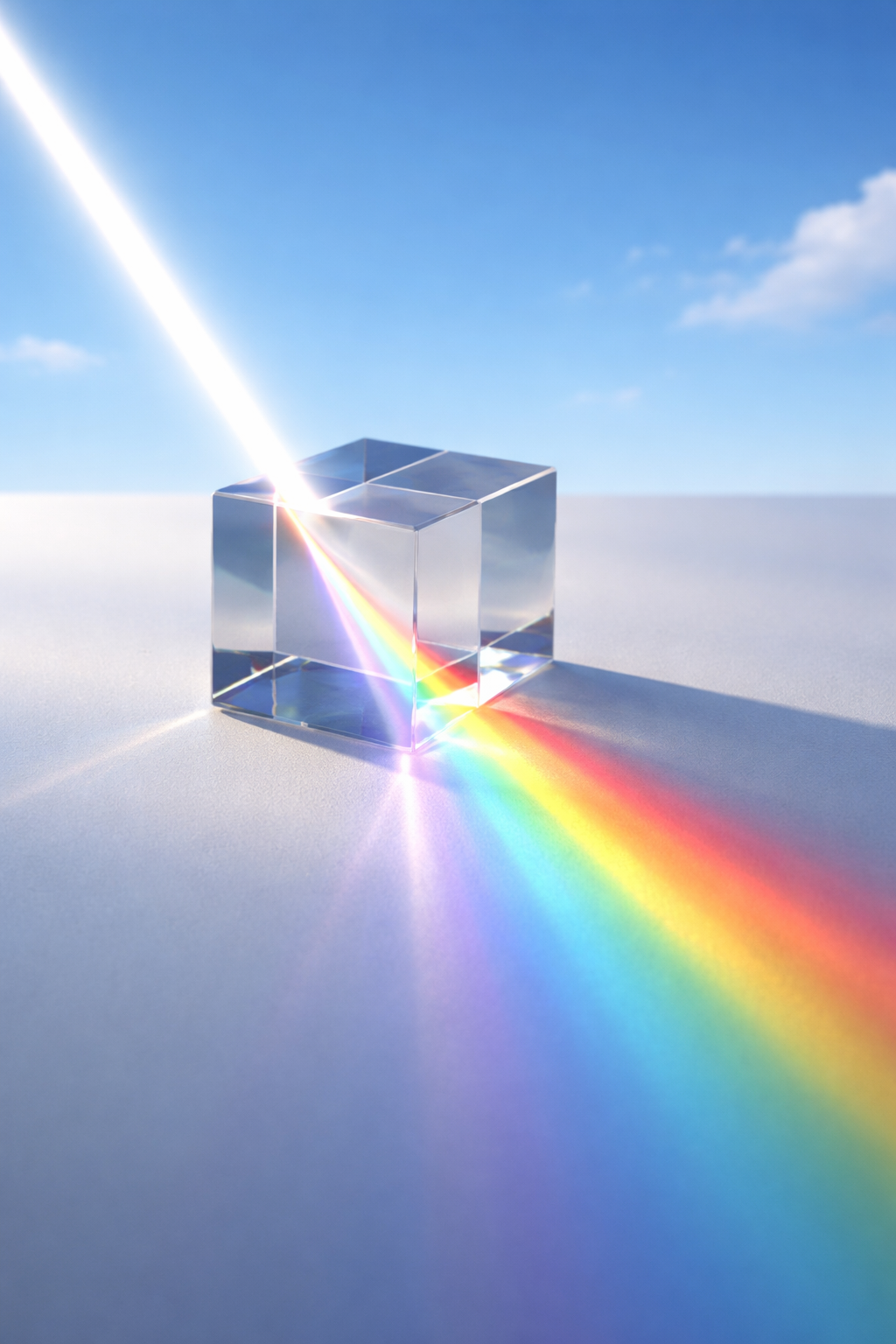 A glass prism dispersing white light into a rainbow spectrum on a white surface with a blue sky background.