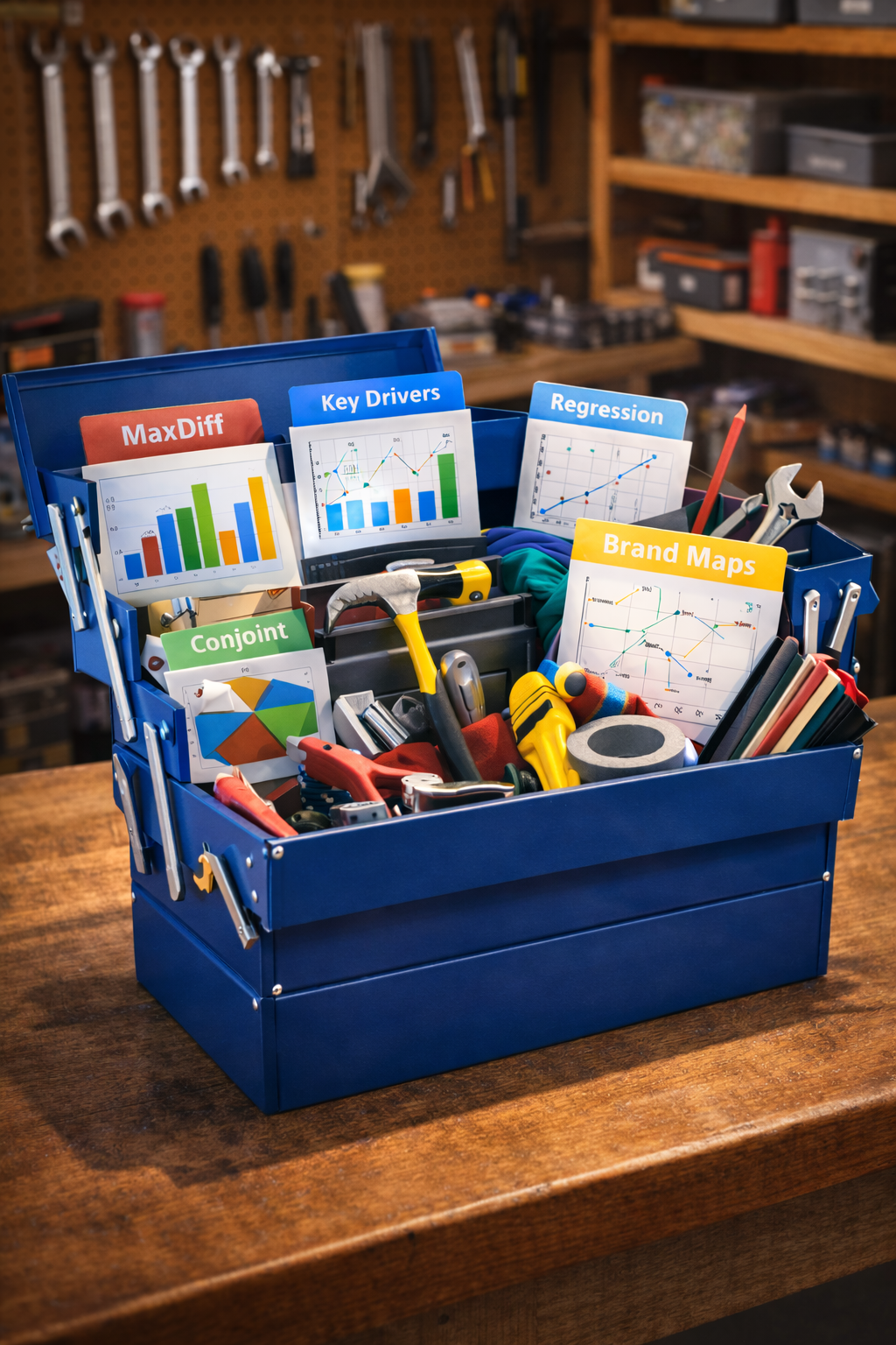 A toolbox on a wooden workbench with color-coded labels and charts, containing various tools like a hammer, screwdriver, wrench, and markers, in a workshop setting.