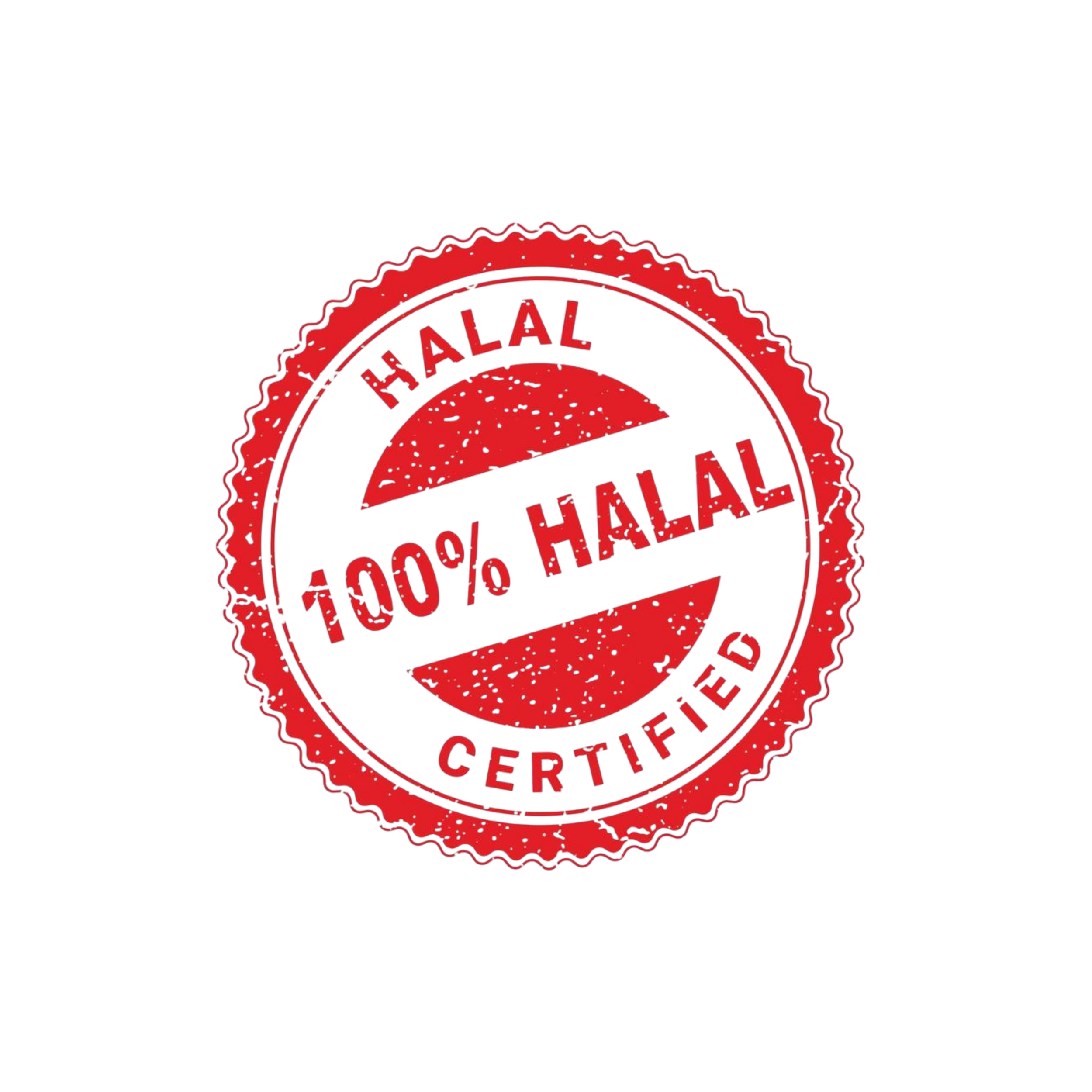 Red circular seal with the words '100% HALAL CERTIFIED' and 'HALAL' written on it, featuring a stylized halal symbol.