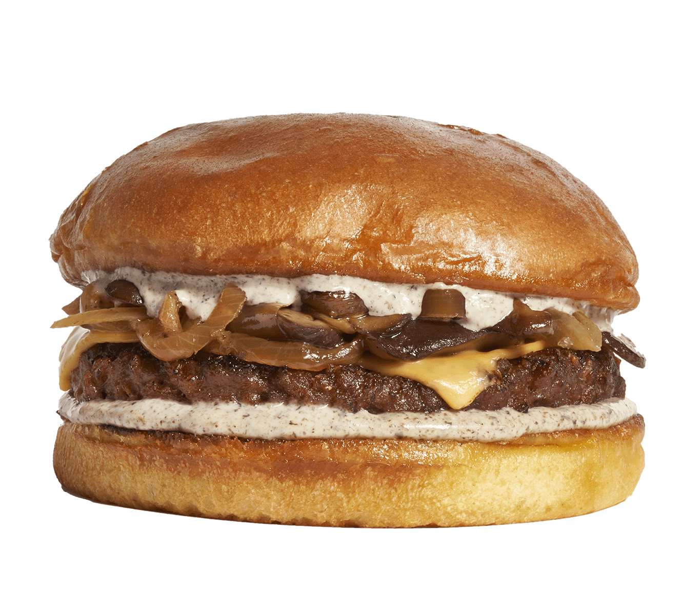 Cheeseburger with sautéed mushrooms, caramelized onions, melted cheese, mayonnaise, and a toasted bun.