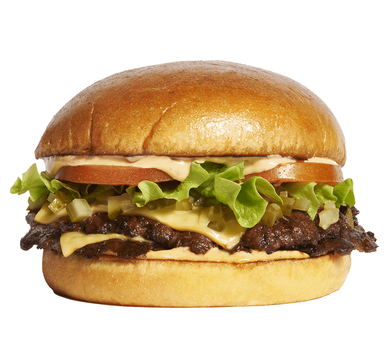 Hamburger with lettuce, tomato, pickles, cheese, mayonnaise, and a beef patty in a bun