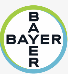 Bayer logo with the word 'BAYER' vertically and horizontally inside a circle with a gradient green to blue border.
