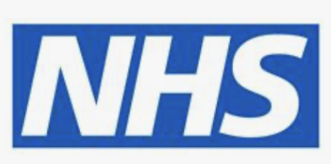 NHS logo in blue and white.