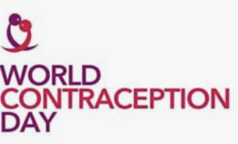 Logo for World Contraception Day with a stylized pink and red icon and text in purple and red