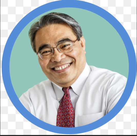 A smiling middle-aged man with glasses, wearing a white shirt and red tie, against a teal background and blue circular frame.