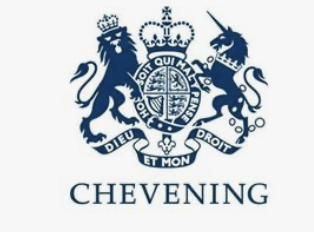 A royal crest featuring a lion and a unicorn supporting a shield with a crown above, surrounded by Latin text, and the word 'CHEVENING' below.