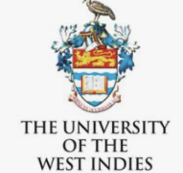 The crest of The University of the West Indies featuring a blue shield, a red banner with a yellow lion, an open book, and a helmet with a plume, with the university name below.