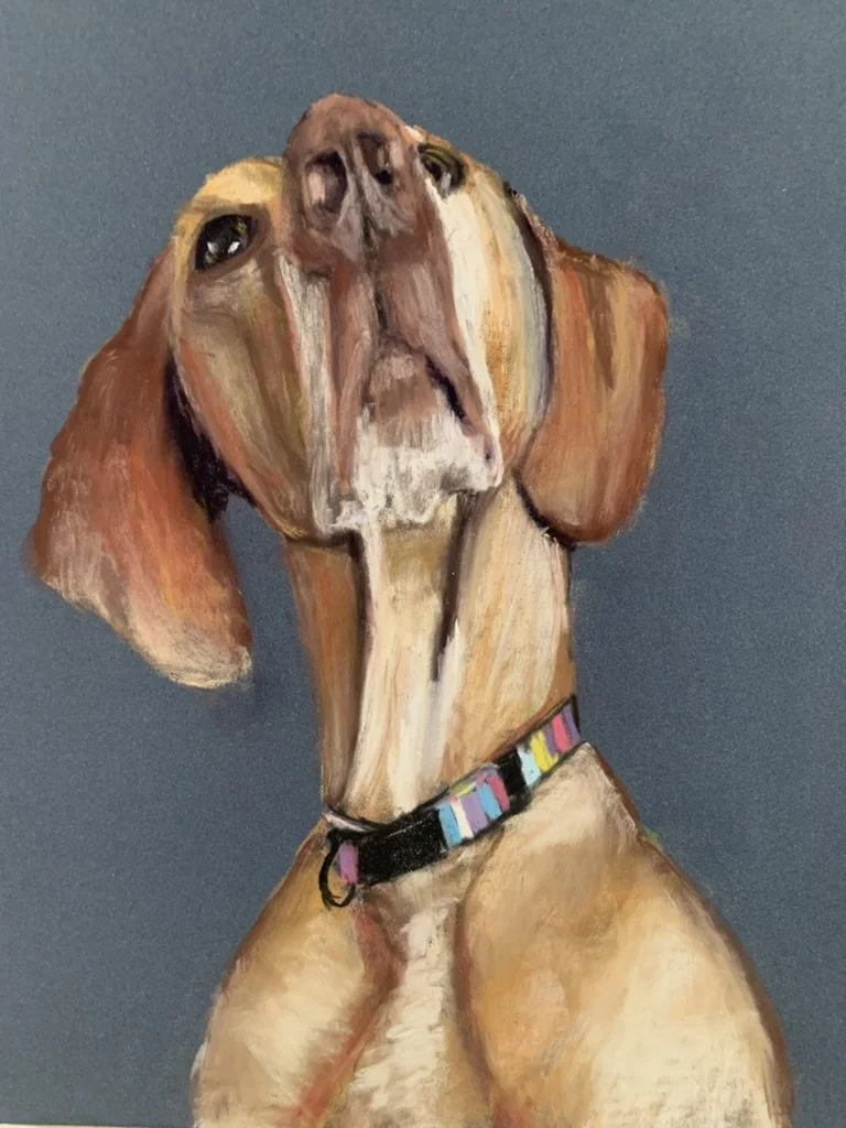 Painting of a dog, possibly a hound, with a sad expression, wearing a colorful collar, set against a plain background.
