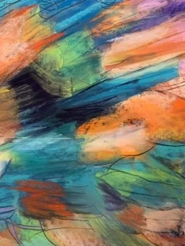 Abstract colorful painting with bold strokes of orange, blue, green, purple, and black.