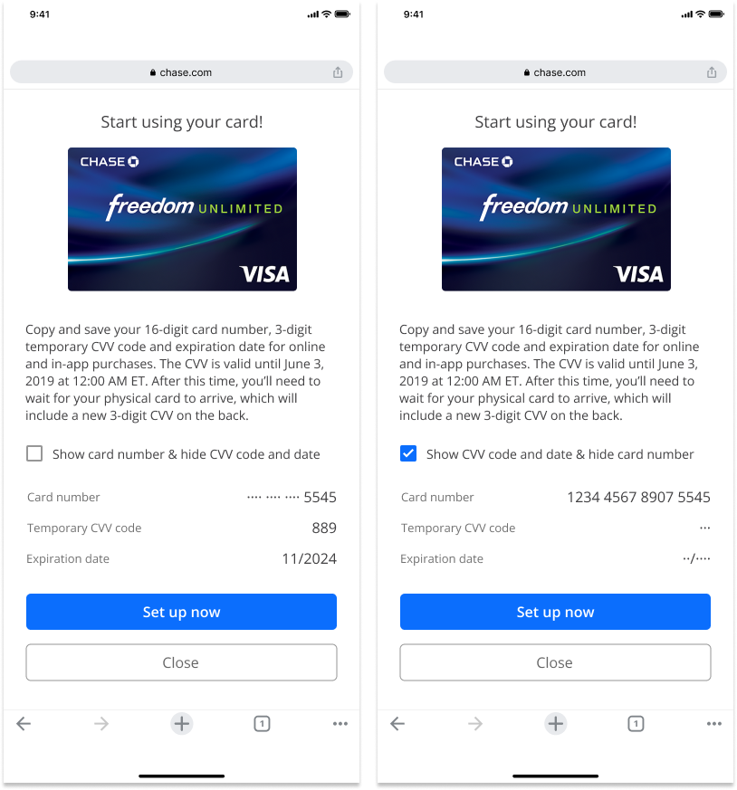 Screenshots of a mobile webpage displaying a Chase Freedom Unlimited Visa credit card setup form, including card details, expiration date, and options to show or hide CVV code.