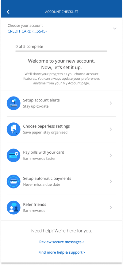 Mobile app screen displaying an account checklist with options to set up account alerts, choose paperless settings, pay bills with a card, set up automatic payments, and refer friends.