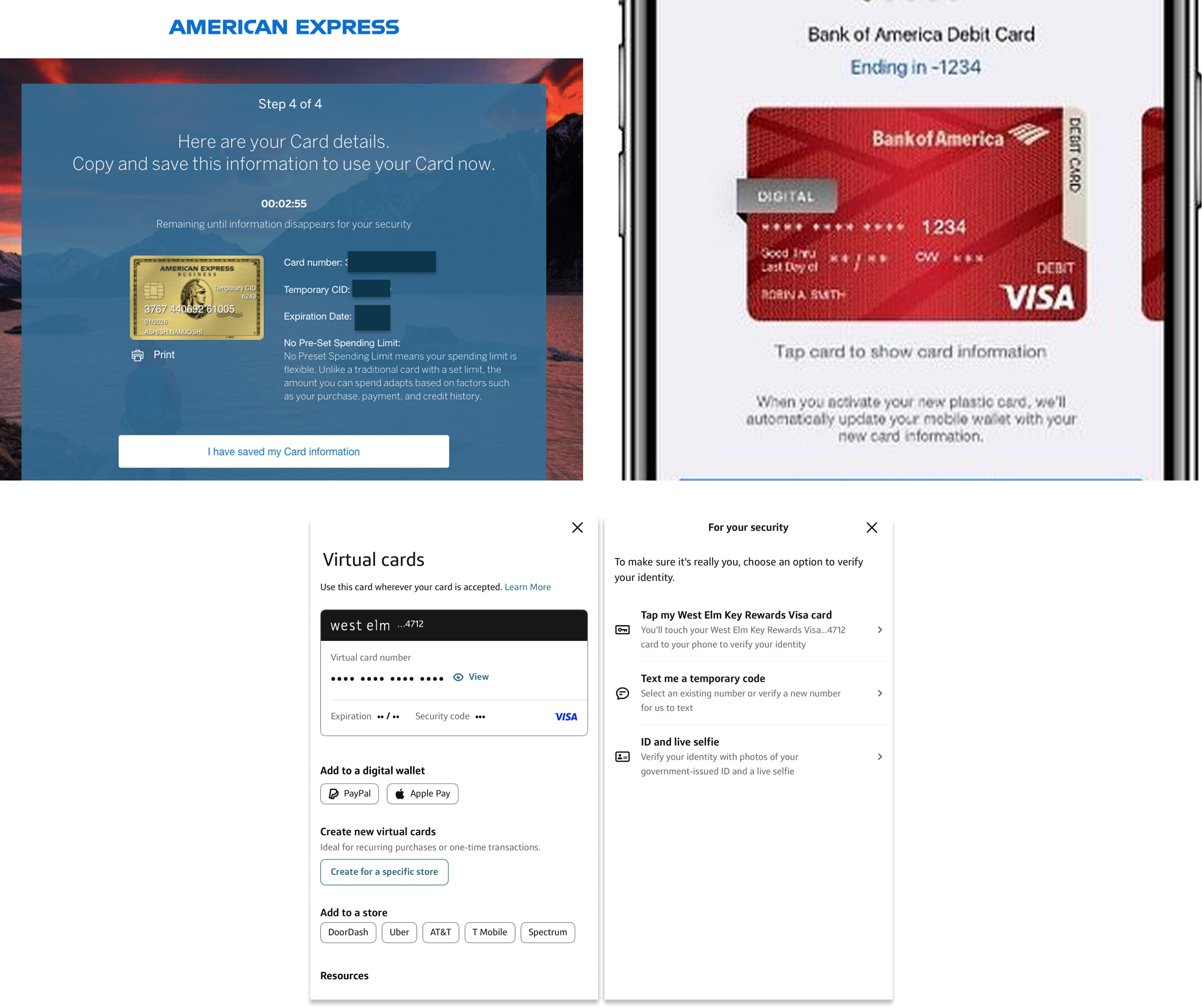 Screenshots of digital credit card management, including American Express and Bank of America debit cards, virtual cards, and options for security verification.