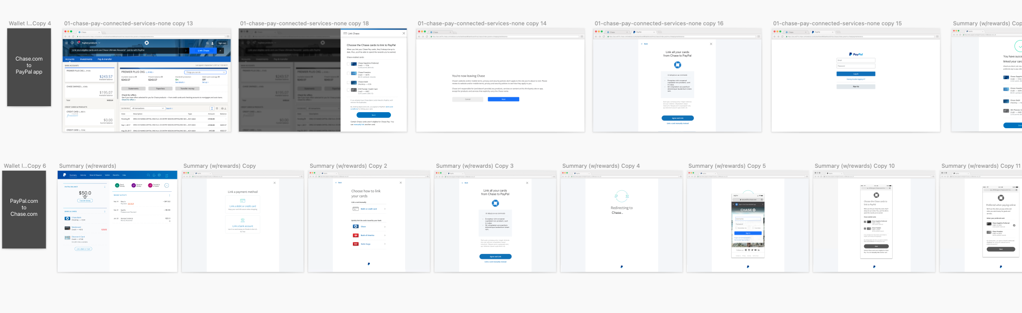 Collection of product screenshots showing Chase and PayPal app interfaces, including linking cards, signing in, and transaction summaries.