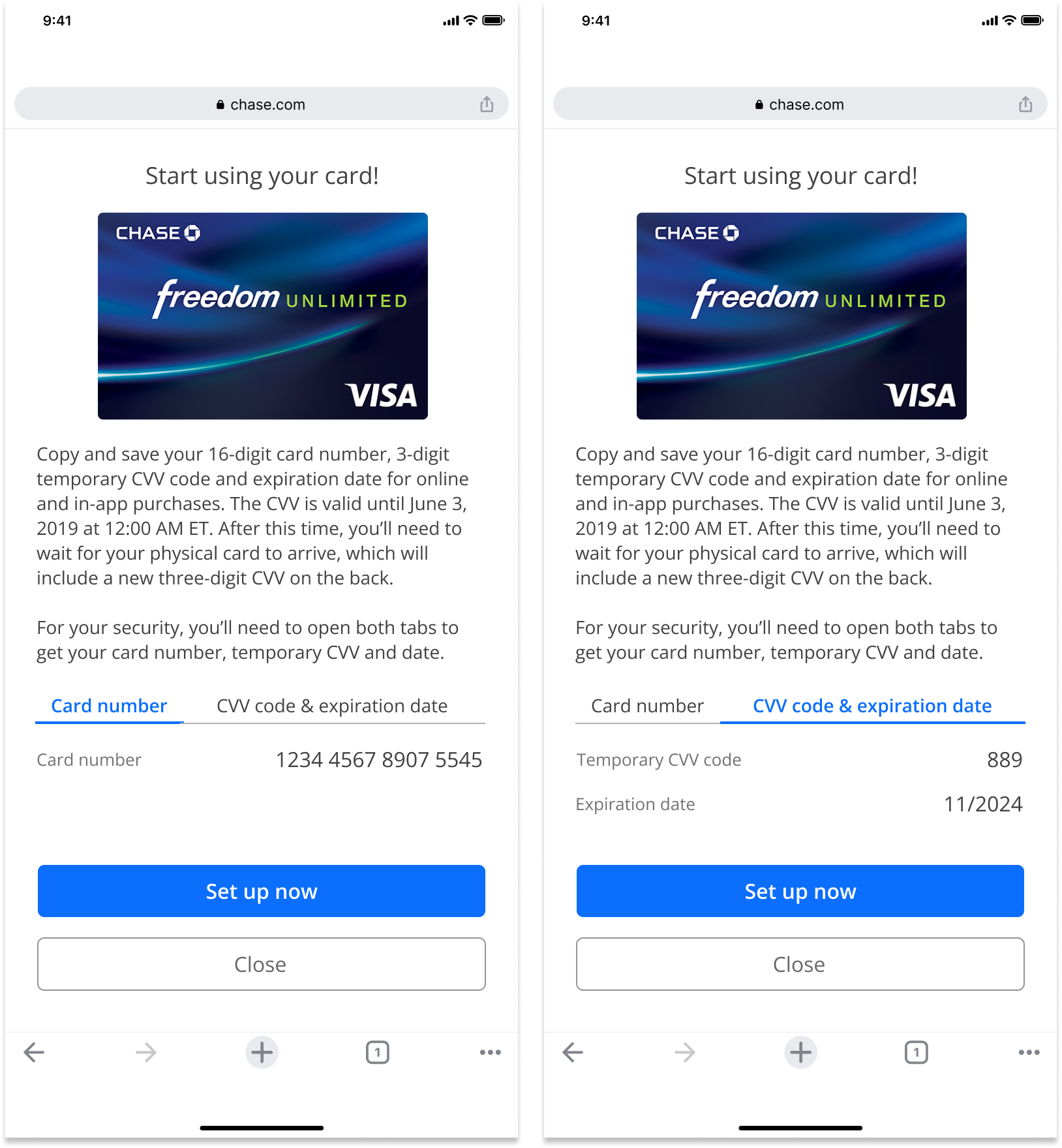 Screenshots of the Chase website showing instructions for activating a Chase Freedom Unlimited Visa credit card, including steps for copying card details, with a comparison of two screens displaying card information, with the left showing a partially obscured card number ending in 5545 and the right showing a CVV code and expiration date.