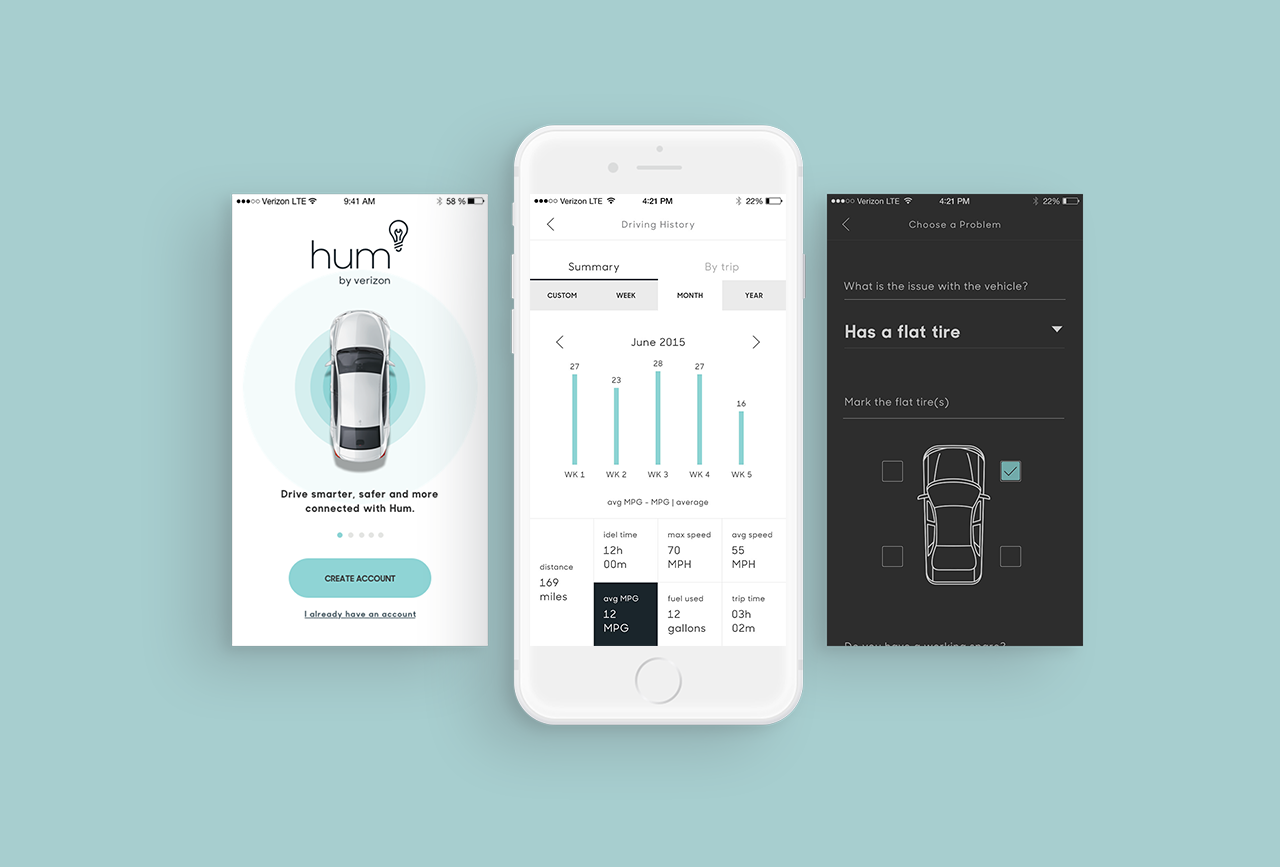 Three screenshots of a mobile app related to vehicle health and driving statistics, with the logo 'Hum' by Verizon, a driving history graph for June 2015, and a problem diagnosis screen indicating a flat tire.