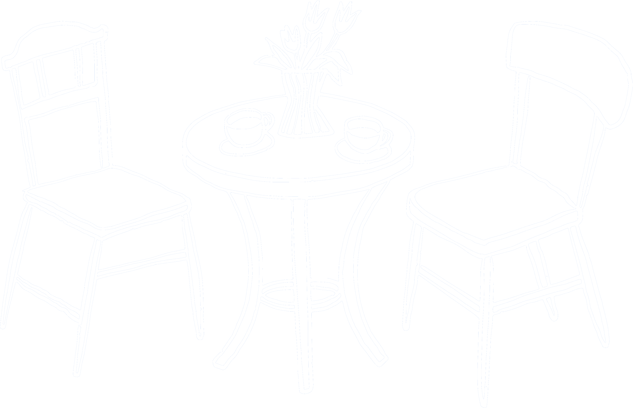 Outline drawing of a round table with two chairs, a vase with flowers, and two cups on the table, set against a black background.