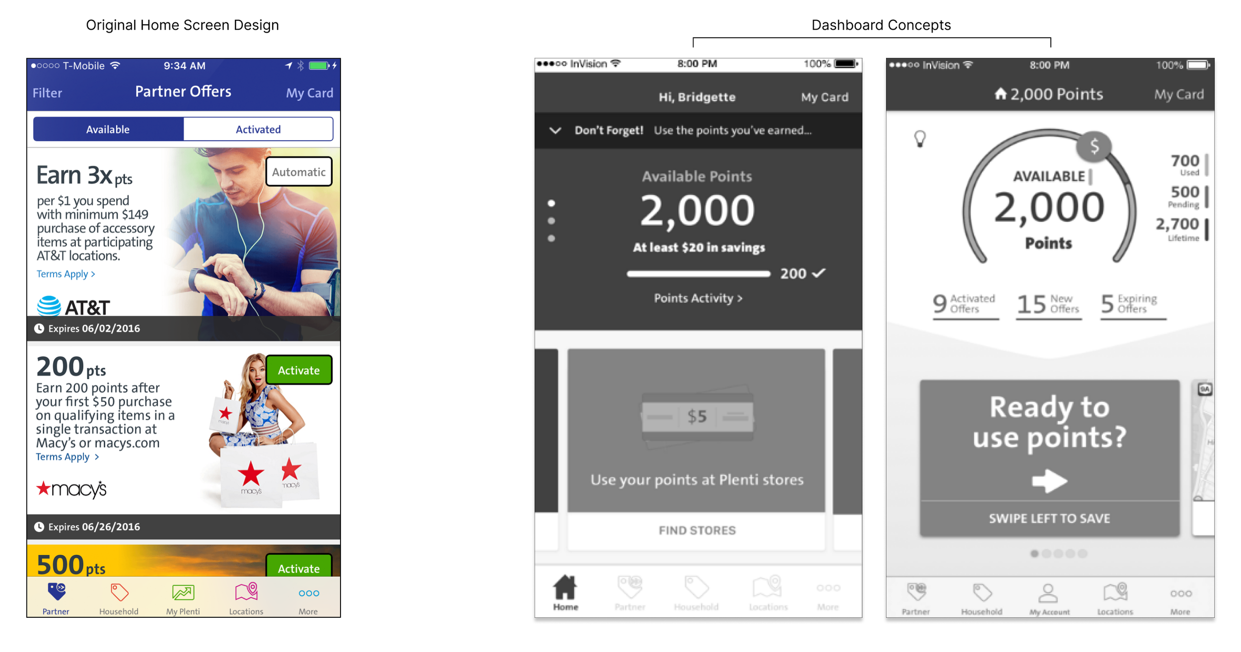 Three iPhone screen designs displaying different mobile app interfaces: the first shows a home screen with partner offers, points, and expiration dates; the second shows a dashboard with available points, savings, and store options; the third shows a points gauge with options to use points or save.