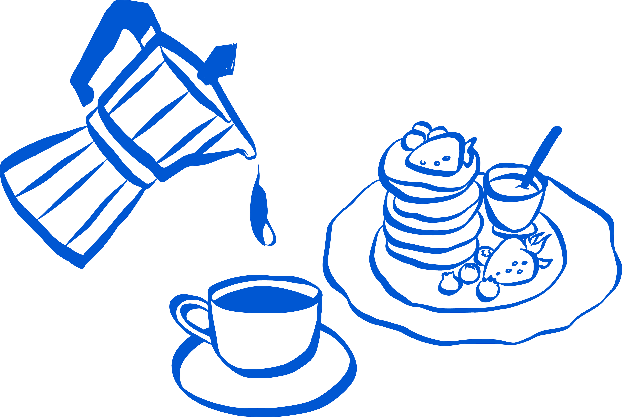Line drawing of a breakfast scene with a coffee pot pouring coffee into a cup, a plate with a stack of pancakes topped with berries, a cup of syrup, and a spoon to the side.