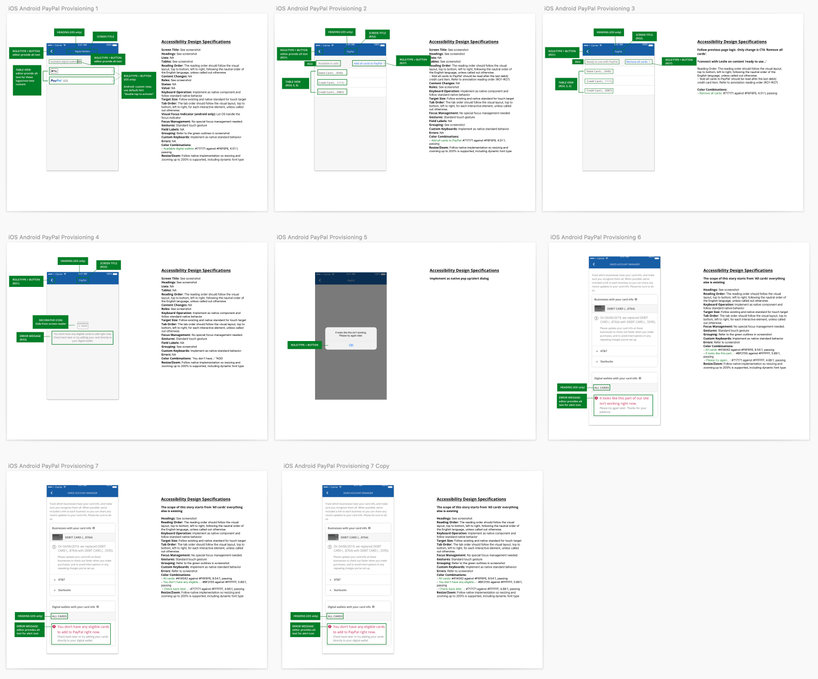 Compilation of screenshots showing mobile app interface for iOS and Android, focusing on accessibility design specifications for PayPal provisioning, including screen titles, buttons, messages, and user flow illustrations.