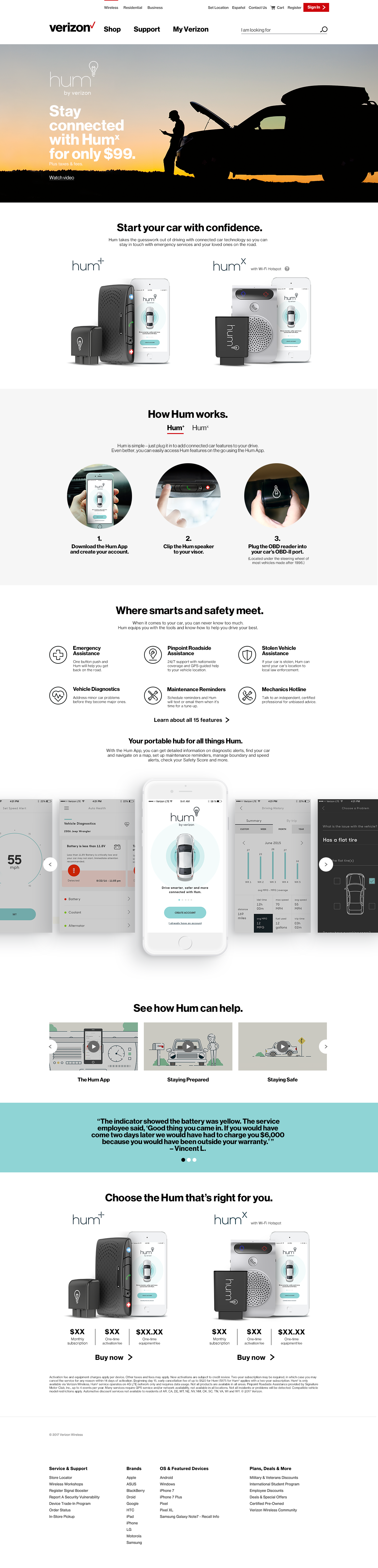 Screenshot of the Verizon website promoting Hum, a connected car device with a mobile app, showing a person by a car at sunset and various product and app images.