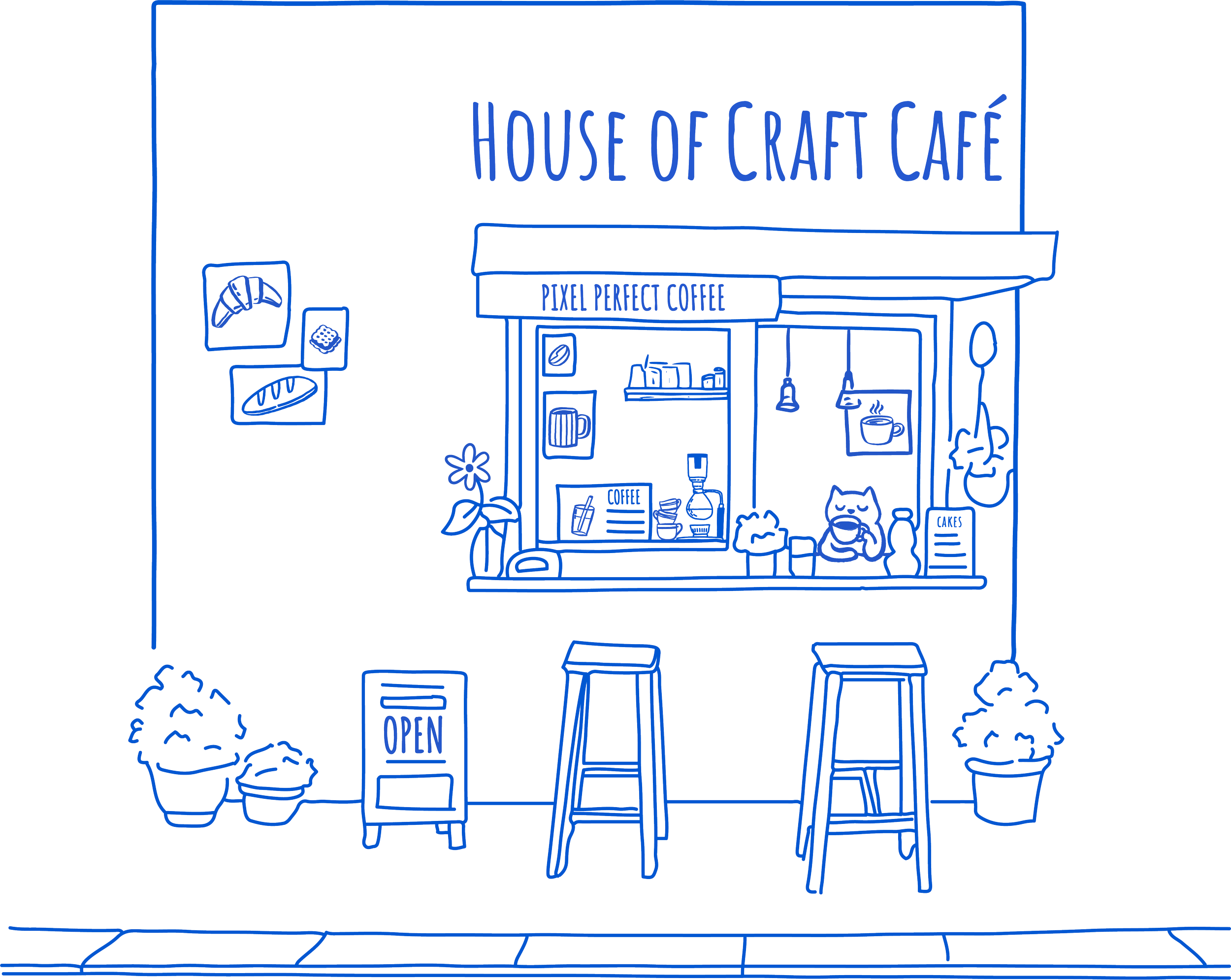 Line drawing of a cafe named 'House of Craft Café' with a counter, stools in front, hanging lamps, decorative plants, and a sign say 'Open.' The window shows a cat mascot, coffee-related items, a menu, and a barista preparing drinks. Wall art includes pictures of a croissant and bread.