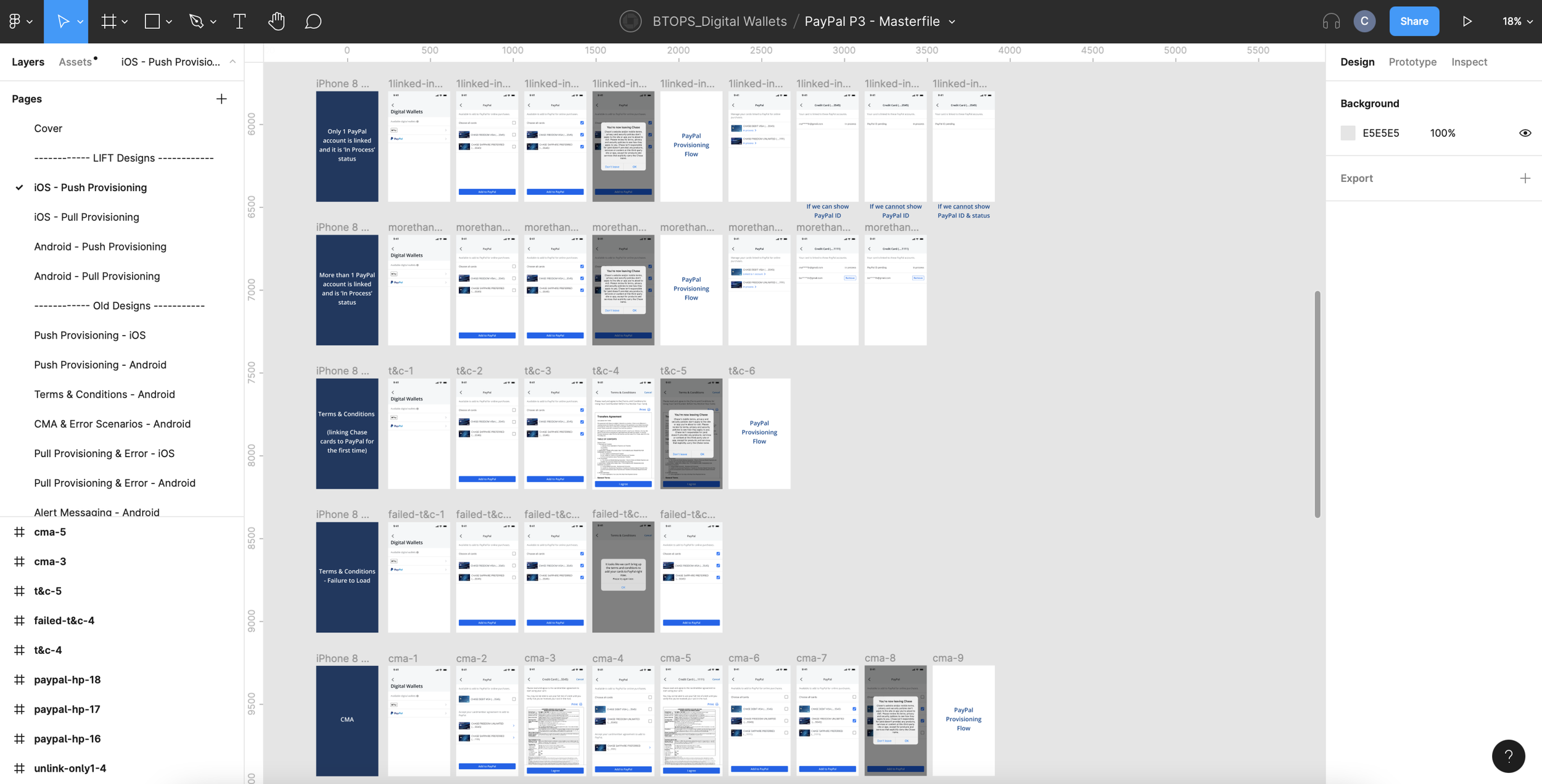 Screenshot of a design tool showing mobile app screens for a digital wallet feature, including push provisioning, terms and conditions, error scenarios, and PayPal provisioning flow, with categories like iOS and Android.