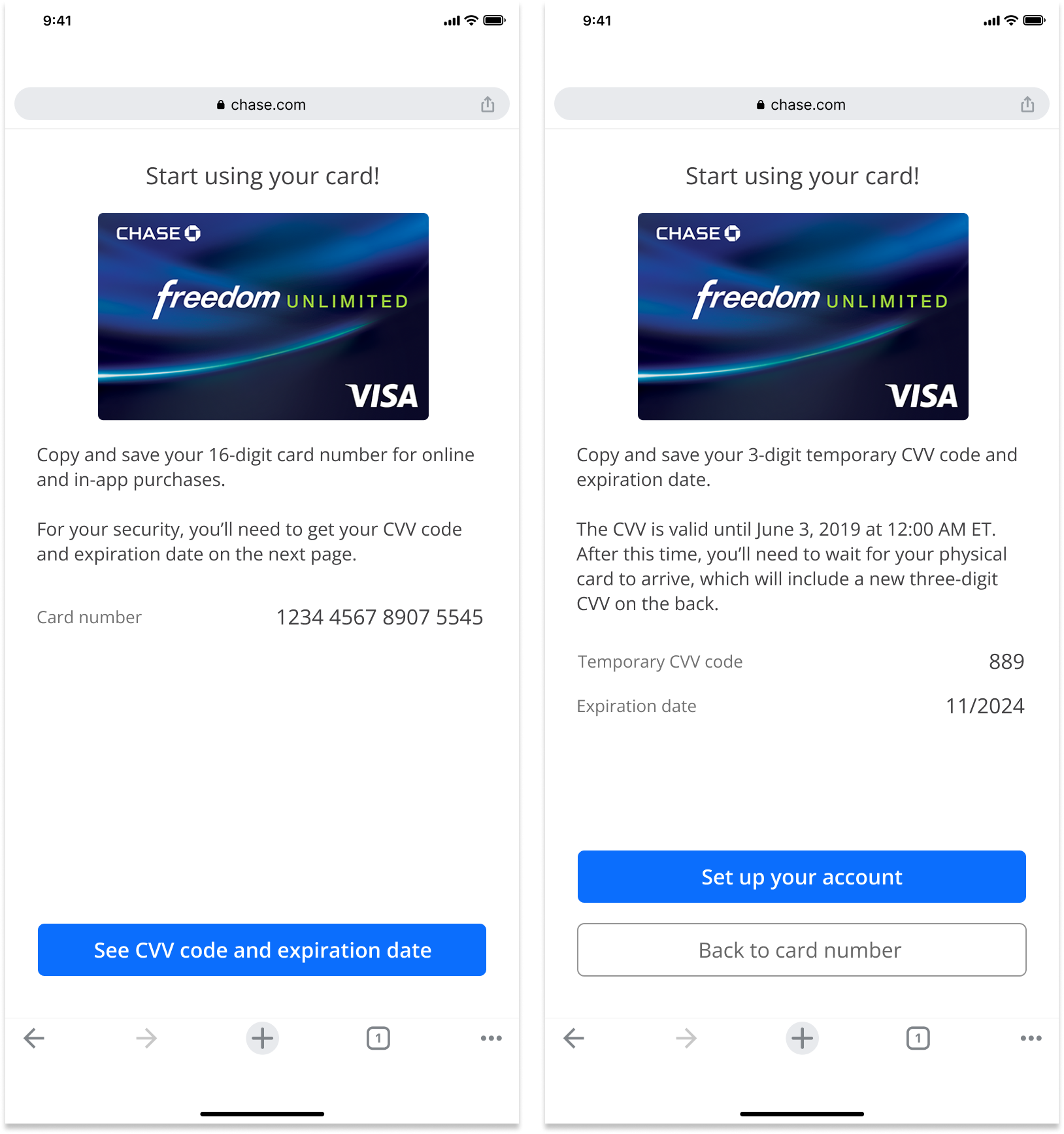Screenshot of a mobile app showing steps to start using a Chase Freedom Unlimited Visa credit card. The left side displays a card image and instructions to copy and save the 16-digit card number. The right side shows a screen to copy and save a 3-digit CVV code and expiration date, with options to set up the account or go back to the card number.