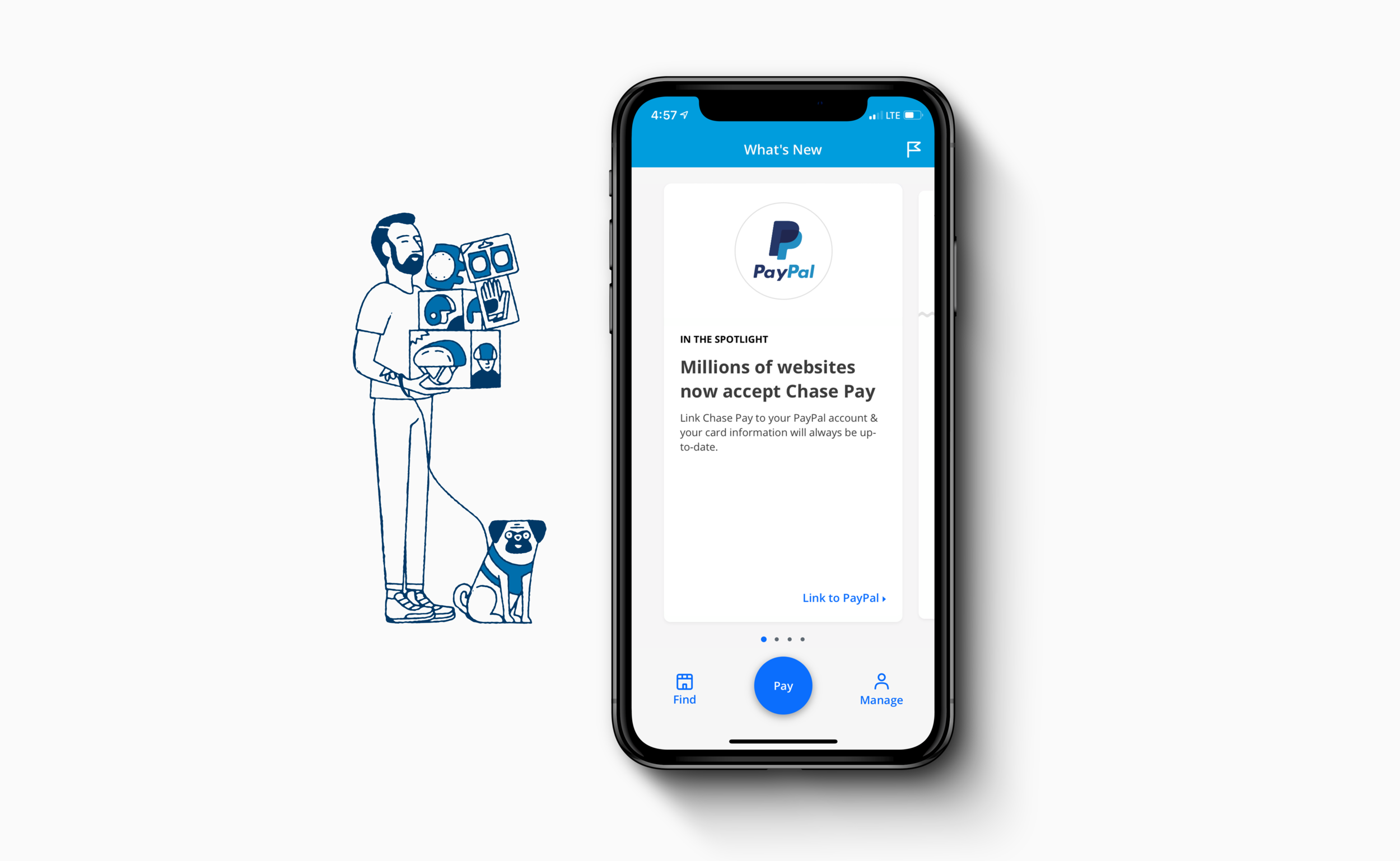 Smartphone displaying PayPal app with news about Chase Pay acceptance on a white background, next to a line drawing of a man holding boxes and a dog sitting near his feet.
