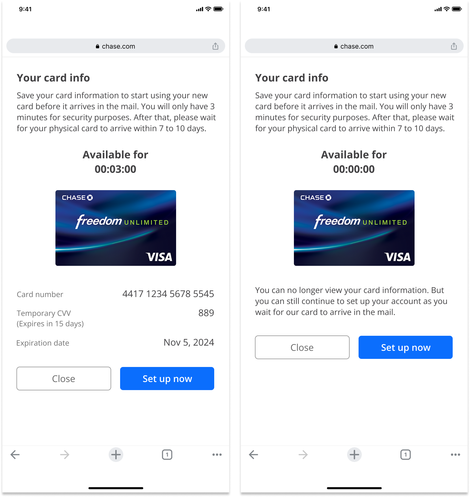 Two phone screens showing Chase credit card setup pages. The left screen displays card information with a blue 'Set up now' button, while the right screen shows a message that the card information can no longer be viewed, with options to close or set up now.