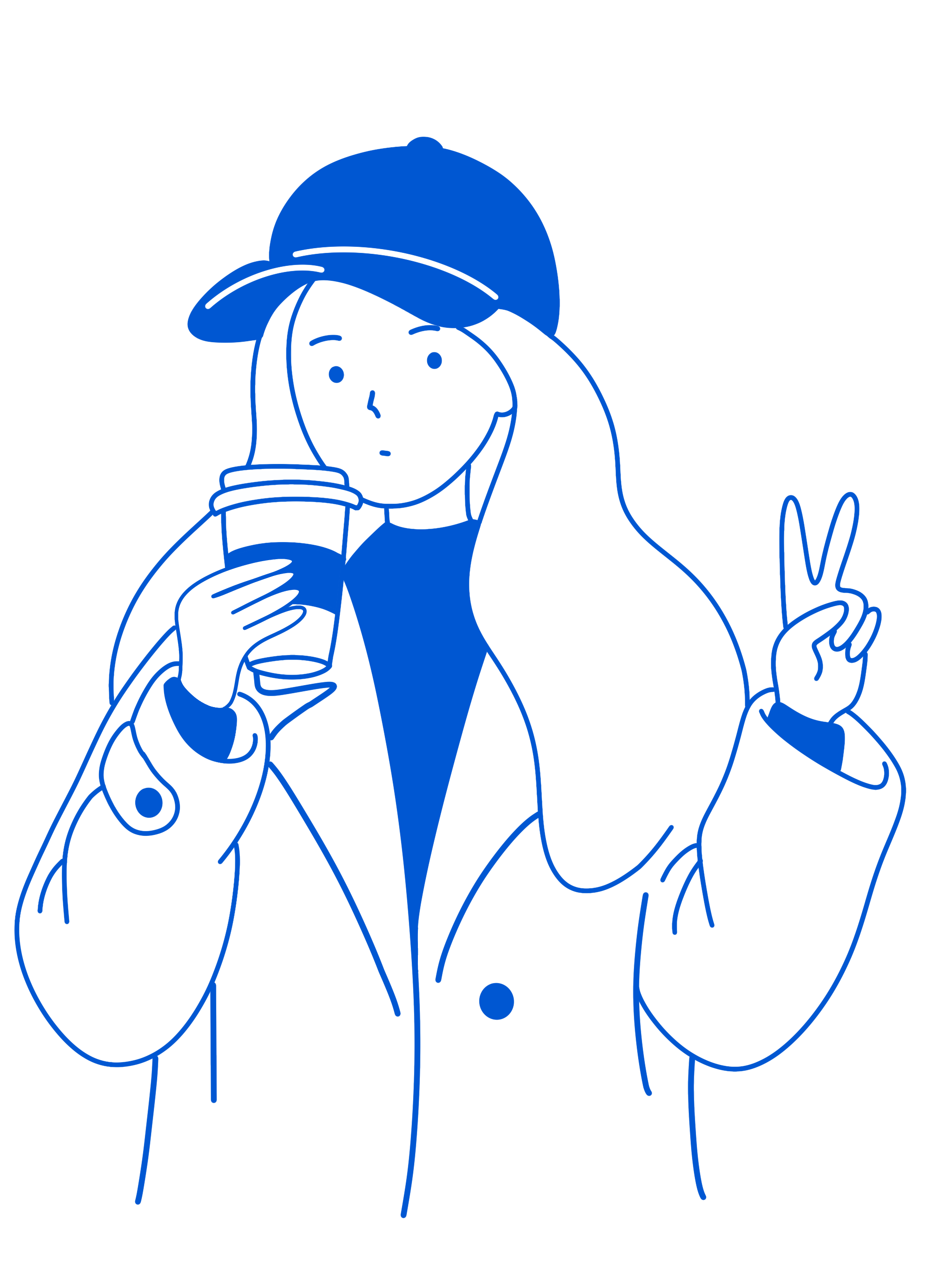 Line drawing of a girl wearing a cap, holding a drink, and making a peace sign with her hand