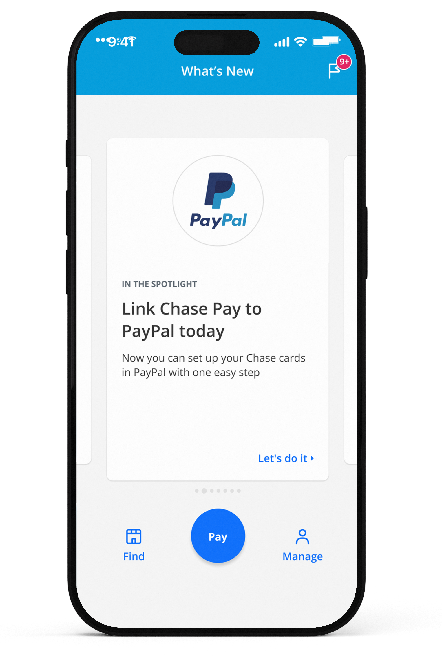 Smartphone screen displaying PayPal app with a promotion to link Chase Pay to PayPal, featuring a blue PayPal logo, and options at the bottom for Find, Pay, and Manage.