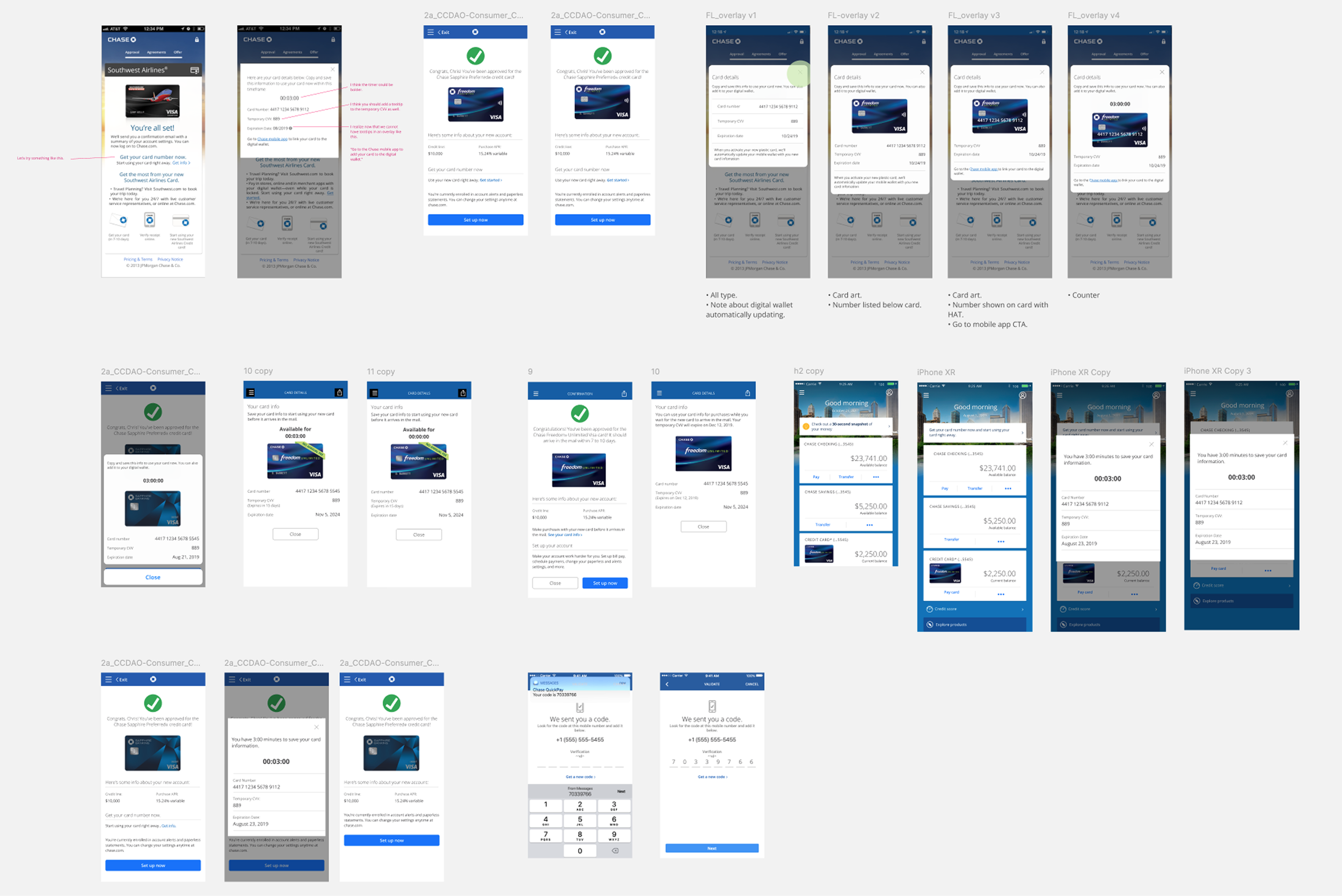 Series of screenshots showing the process of adding a Chase credit card to a mobile wallet app, including card details verification, transaction confirmation, and code entry for authentication.