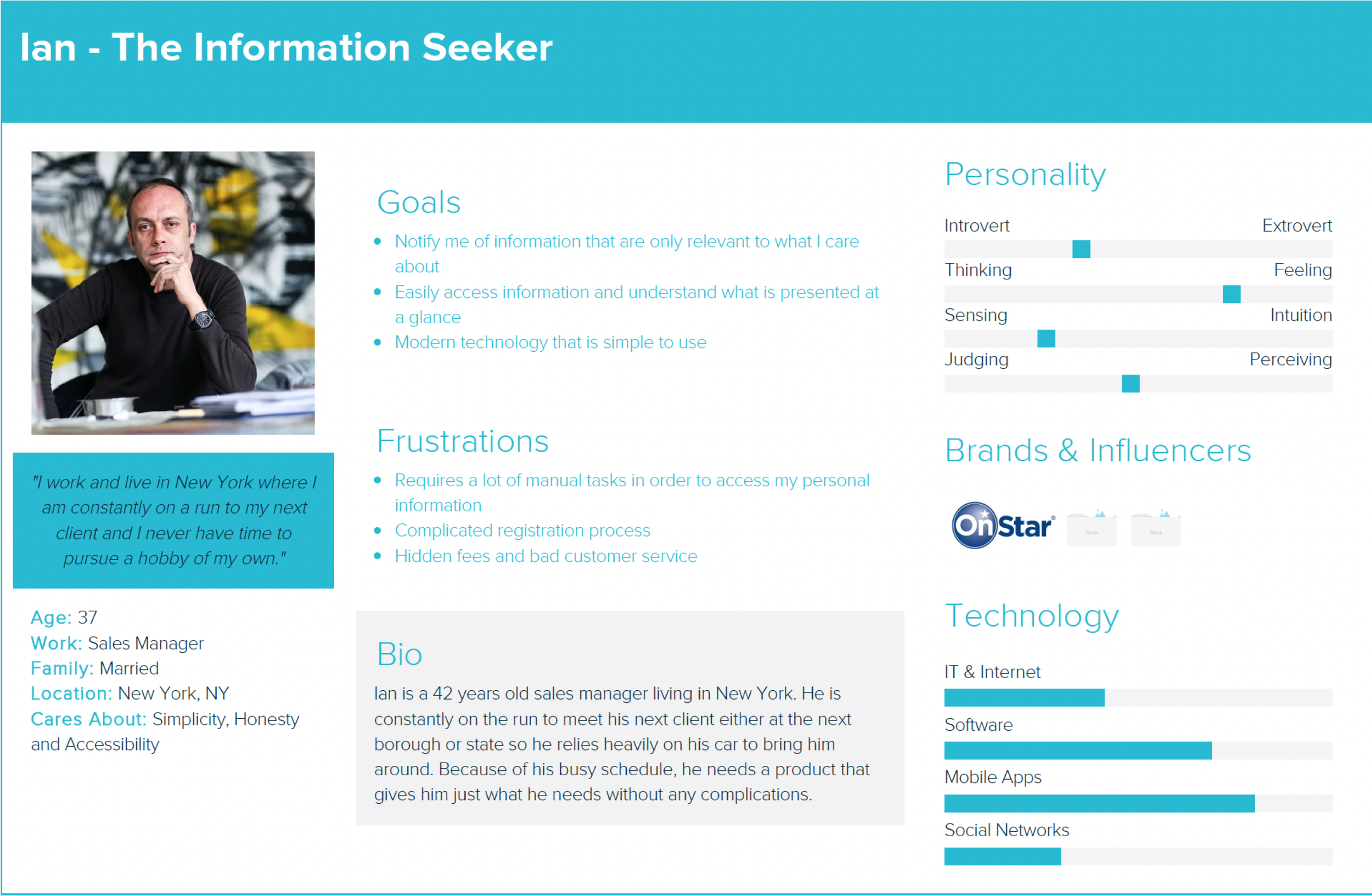 A digital profile page titled 'Ian - The Information Seeker' featuring a professional photo of a man with a contemplative expression. The page includes sections for goals, frustrations, a quote, personal details, personality traits, brands and influencers, technology preferences, and a biography, all in a clean, organized layout with blue accents.
