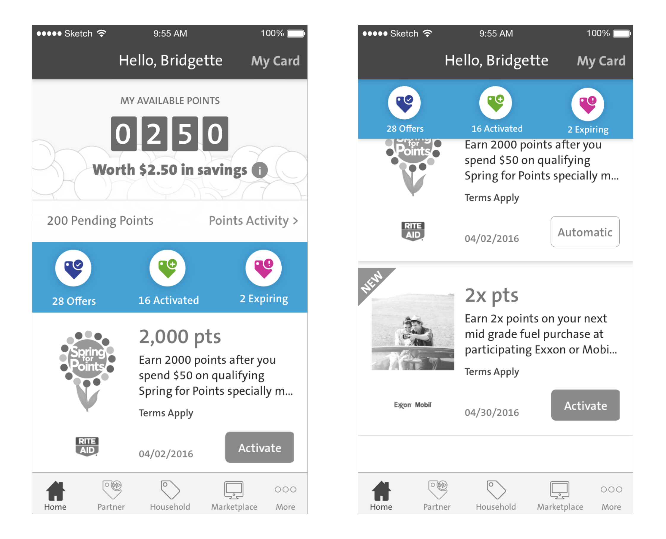 Screenshots of a mobile app displaying a points or rewards program, showing total available points, offers, activated offers, and expiring offers, with navigation tabs at the bottom.