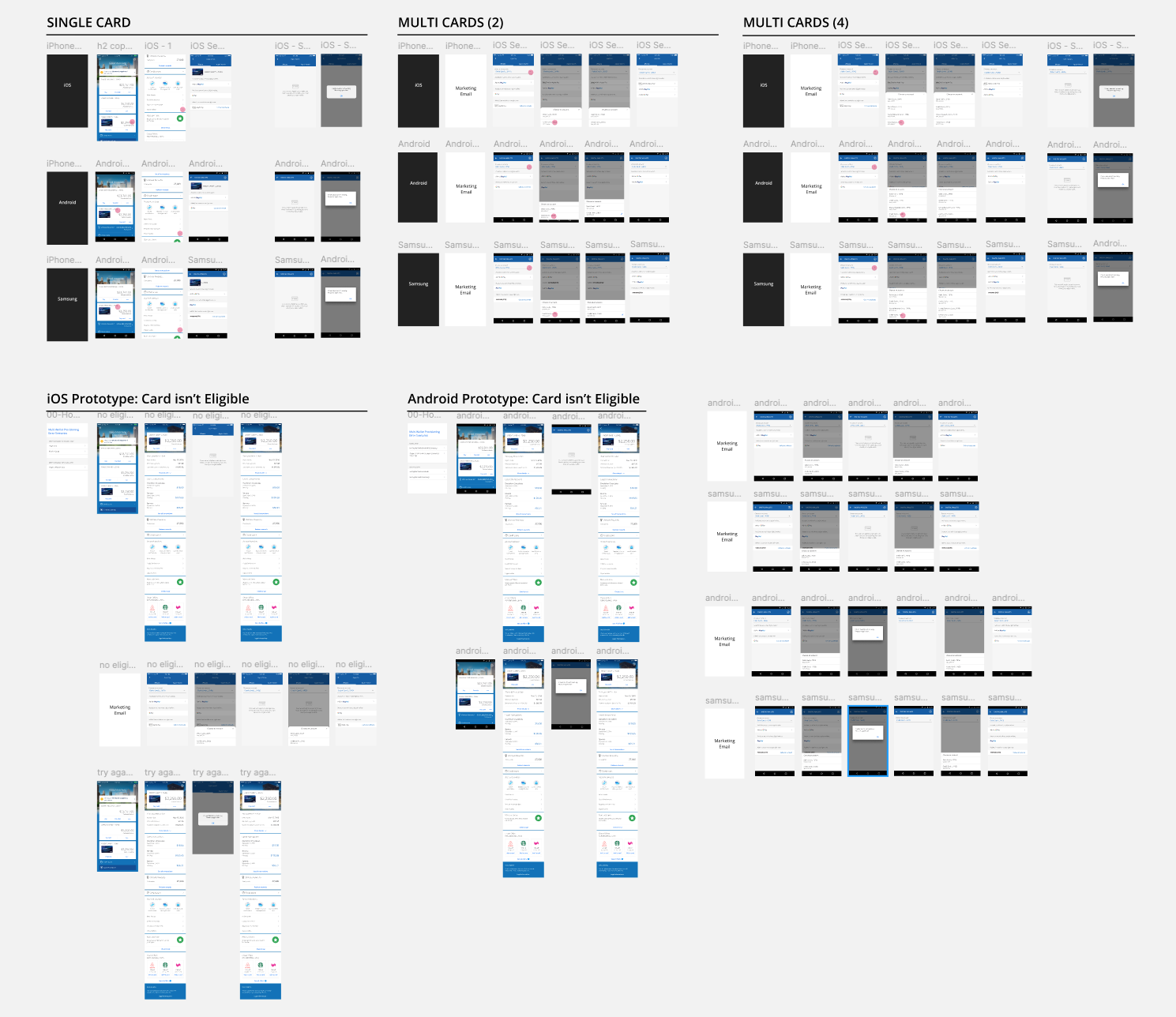 Comparison of mobile app interface screens for single, multi, and multi-card versions; includes prototypes, and disabled card eligibility messages for iOS and Android.