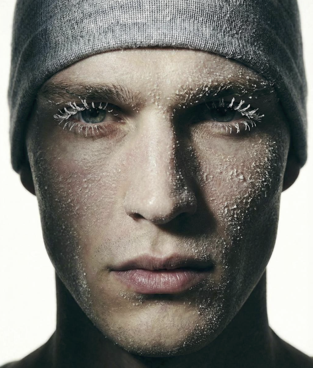 A close-up of a person's face with icy, frost-covered eyelashes and eyebrows, wearing a gray beanie.