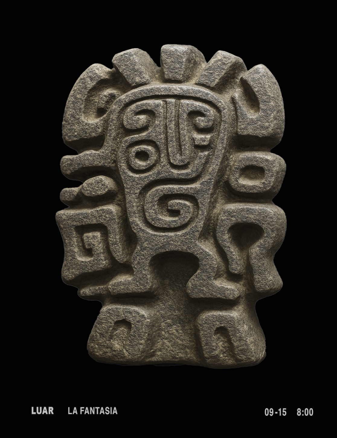 Ancient stone carved sculpture with abstract face and geometric patterns, displayed against a black background.